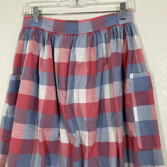 Vintage Russ Skirt Womens Medium Red Blue Plaid Cotton Button Front Pockets 80s - Picture 11 of 14